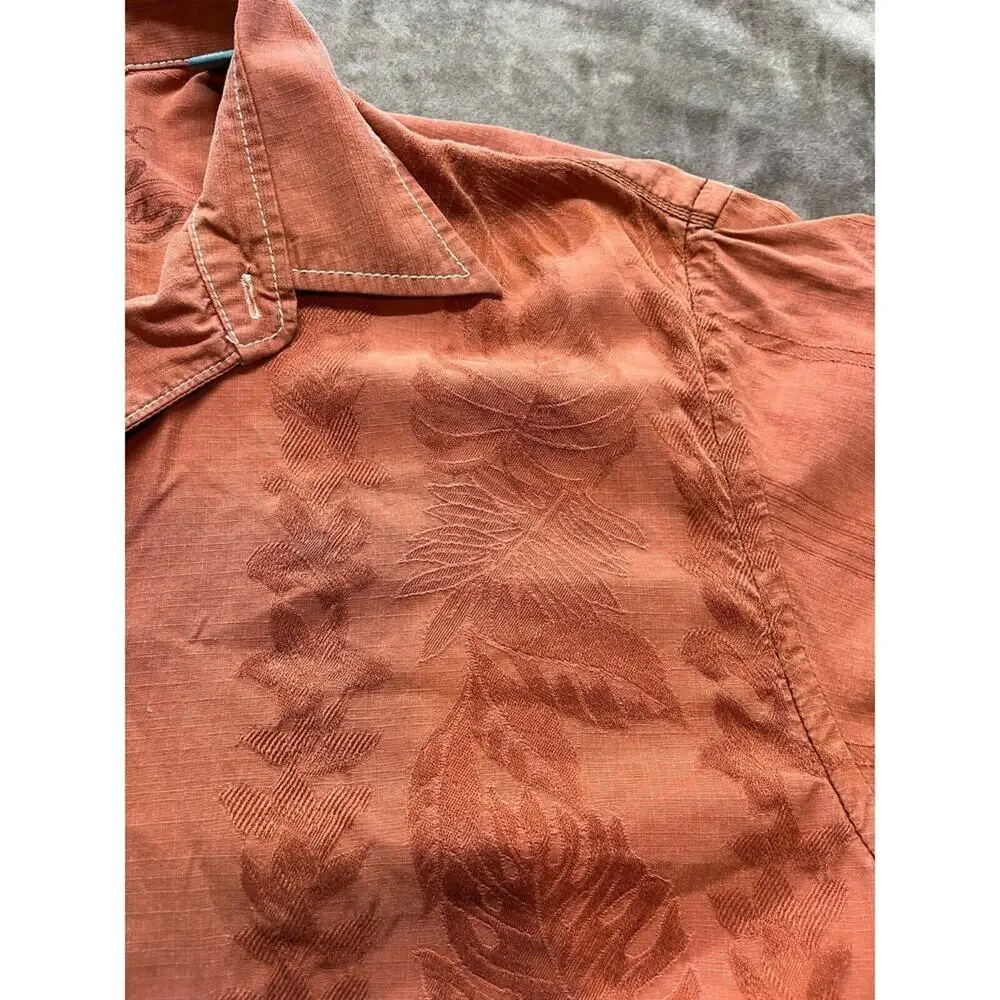 Tommy Bahama Orange‎ Hawaiian Floral Shirt Short Sleeve Button Down Mens L Silk